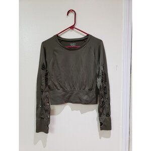 Under Control plus size green, cropped, long, shredded sleeve top, size 2X